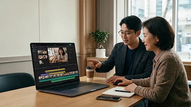 캡컷 편집 화면을 보며 1:1로 교육하는 장면의 예시 이미지